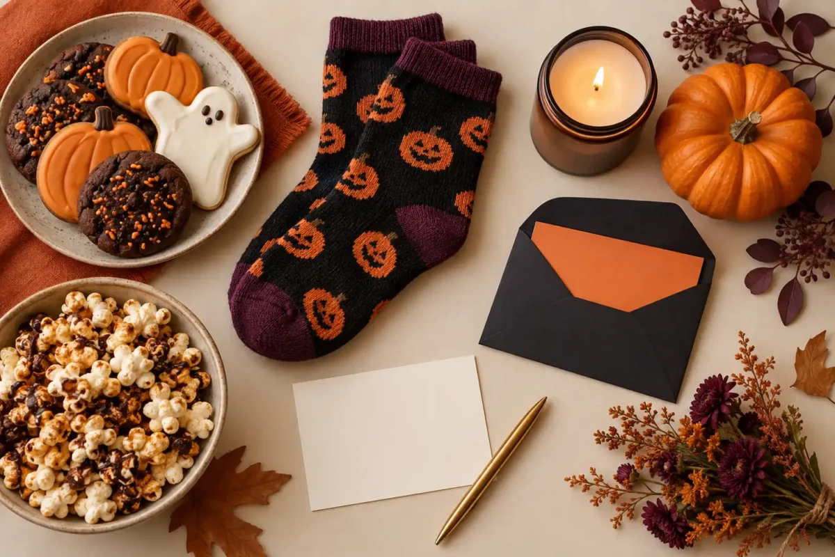 Thoughtful last-minute Halloween gift ideas including treats, cozy socks, and a note