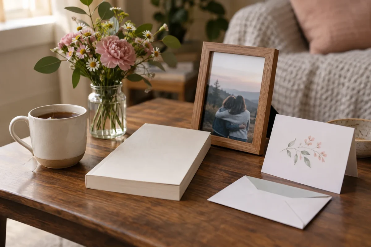 Thoughtful low-pressure birthday gift for a best friend with a book, photograph, tea, flowers, and card