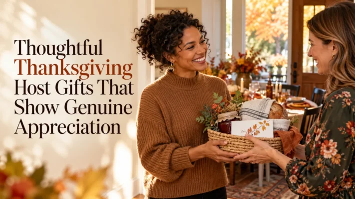 guest giving a thoughtful Thanksgiving host gift basket