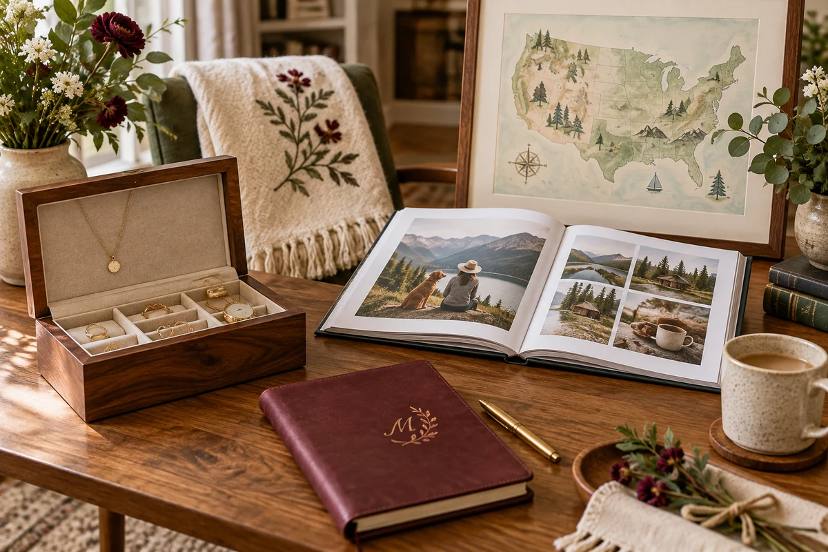 Types of meaningful personalized gifts including a photo book, map, journal, and textile