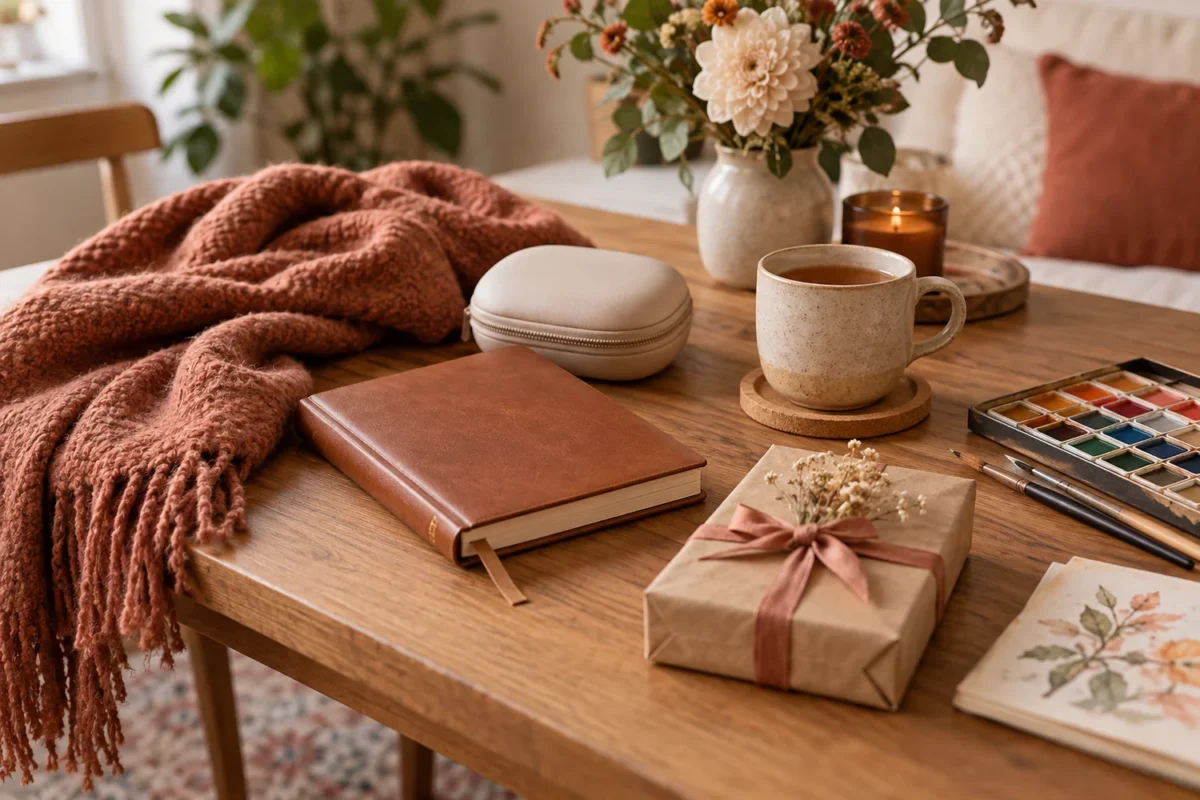 Useful birthday gifts for a girlfriend including a journal, cozy scarf, tea, and art supplies