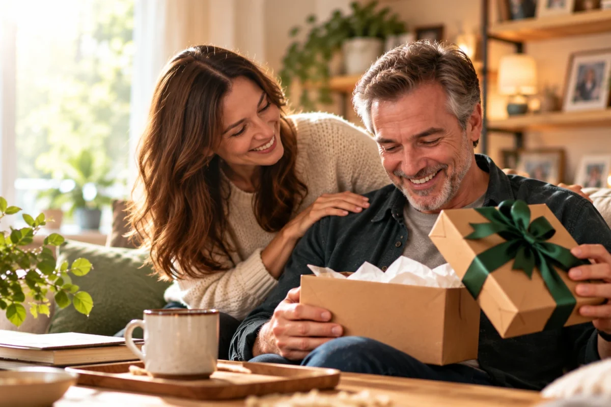 Father opening a useful gift with his adult daughter in a cozy home setting.