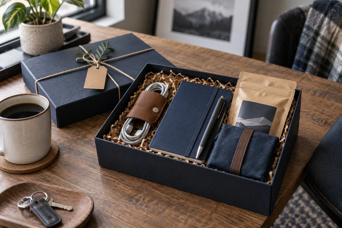Useful small gifts for a boyfriend including a cable organizer, notebook, pen, coffee packet, and reusable pouch