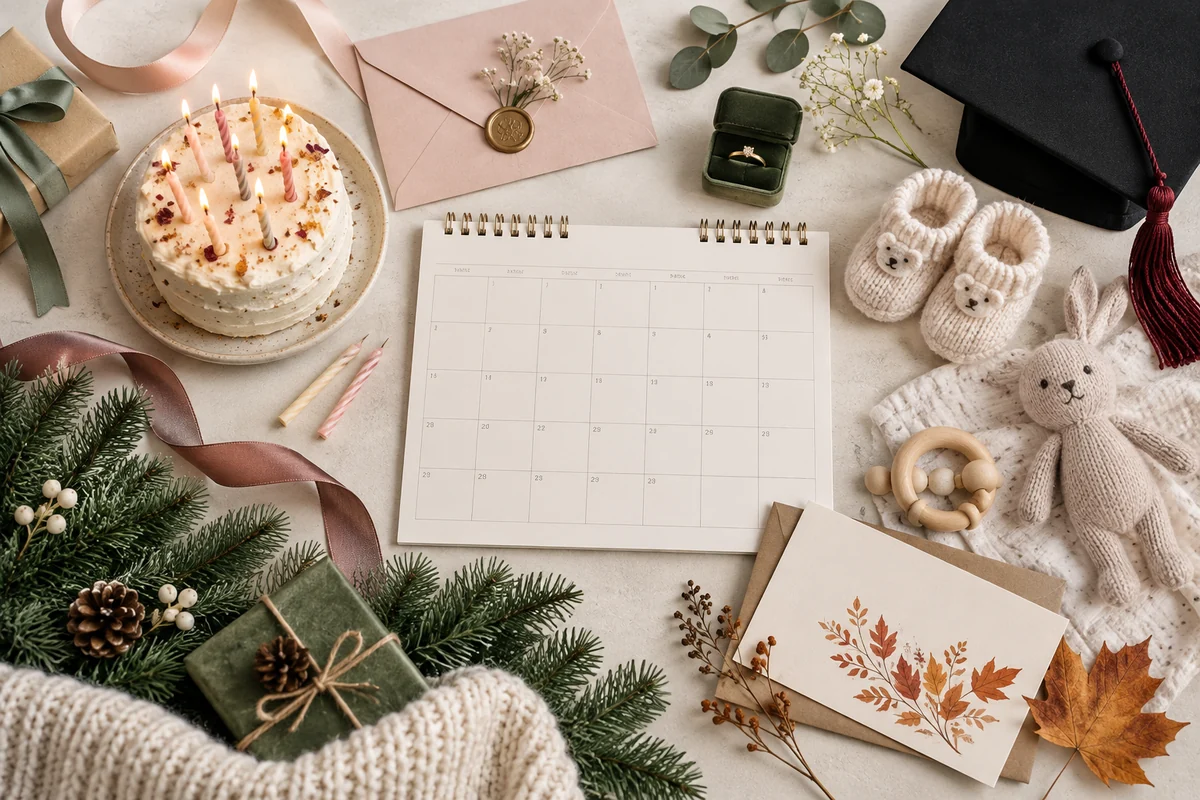 Year-round gift occasions including birthdays, weddings, graduations, new babies, fall celebrations, and winter holidays