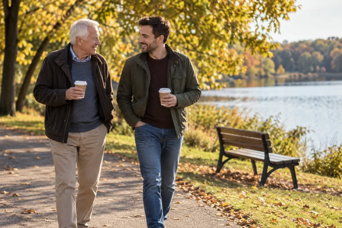 Grandfather and adult grandson spending relaxed time together during an anniversary outing