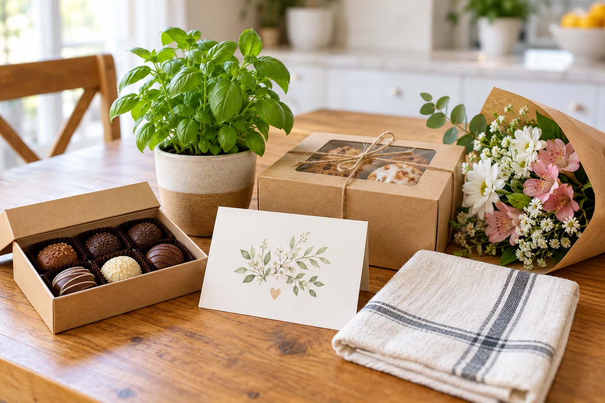 Appropriate neighbor anniversary gifts including flowers, chocolates, baked goods, and a potted herb