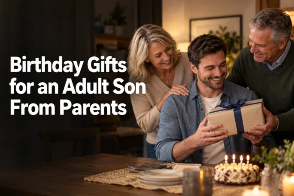Parents giving a wrapped birthday gift to their adult son at home
