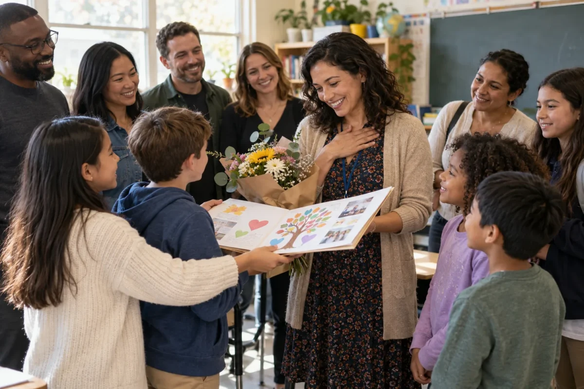 Students and parents presenting a shared appreciation book to a teacher