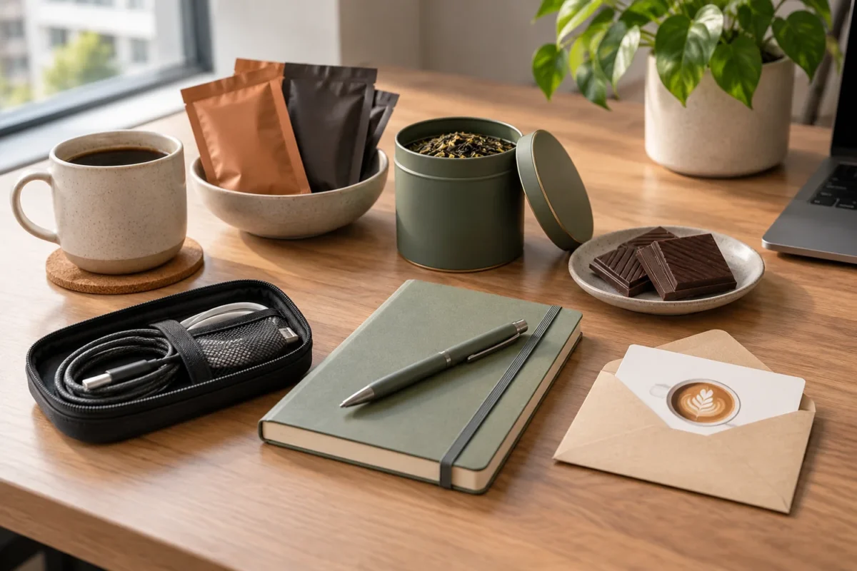 Useful clutter-free coworker gifts including coffee, tea, chocolate, charging cable, notebook, and cafe credit
