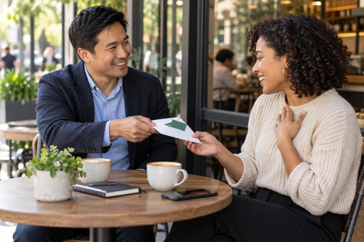 Coworkers sharing a coffee break while one gives a modest cafe gift card