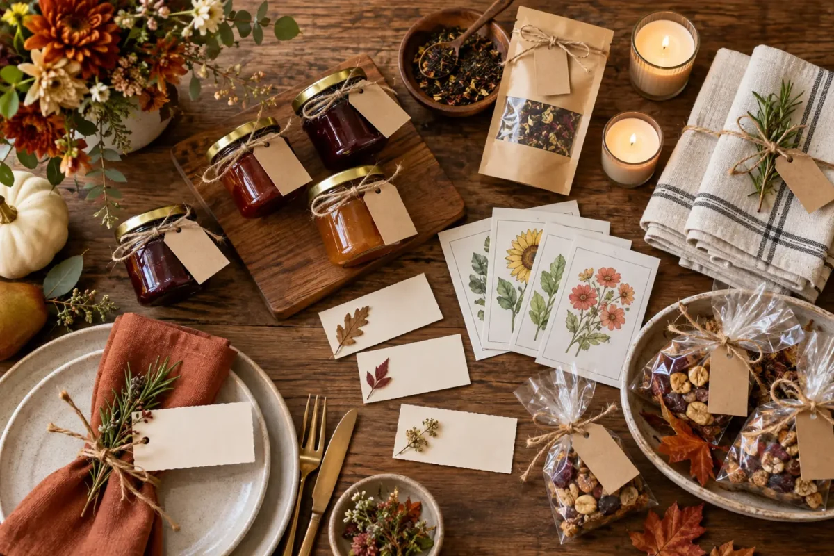Friendsgiving gift ideas including preserves, tea, candles, towels, cards, and take-home treats