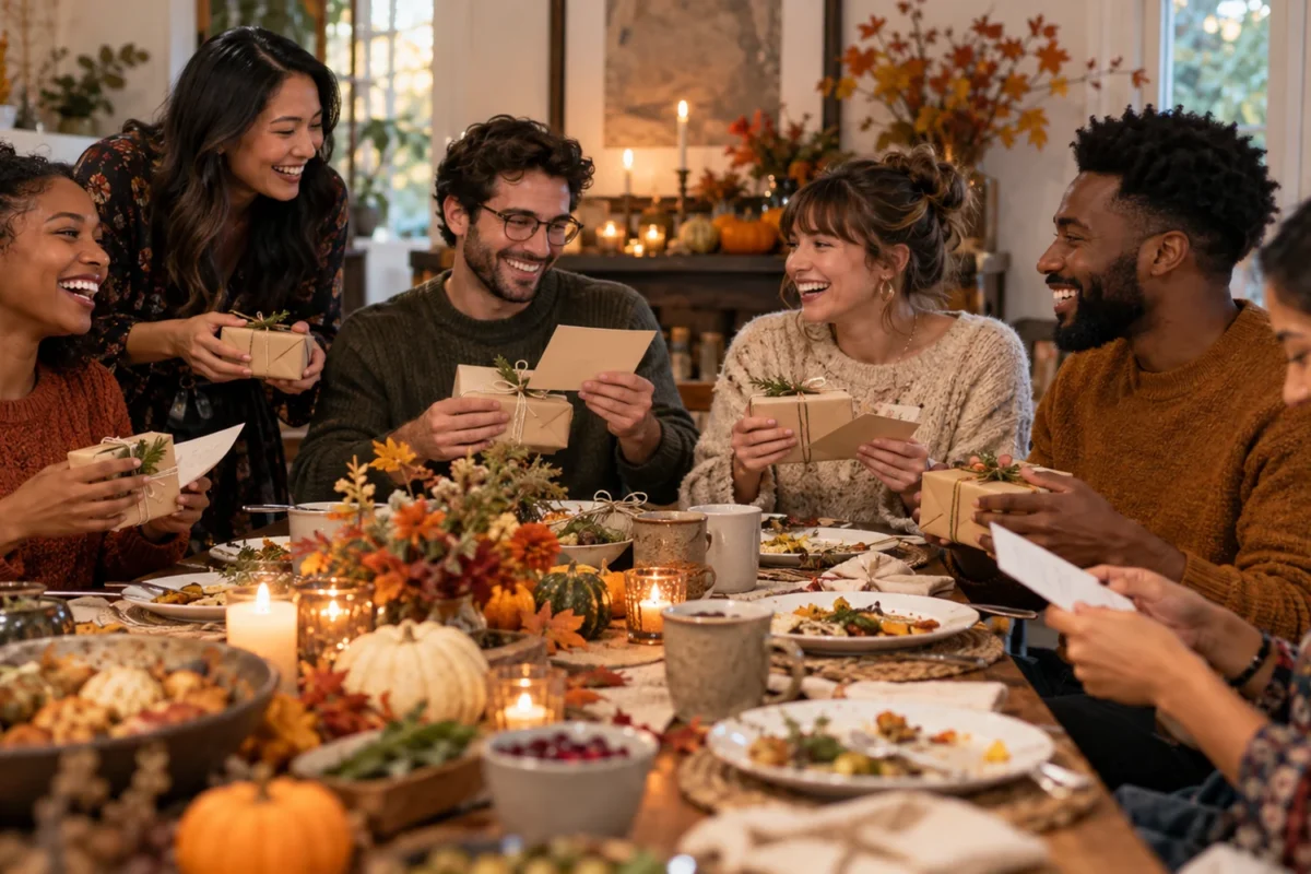 Friends exchanging modest gifts and gratitude cards after a Friendsgiving meal