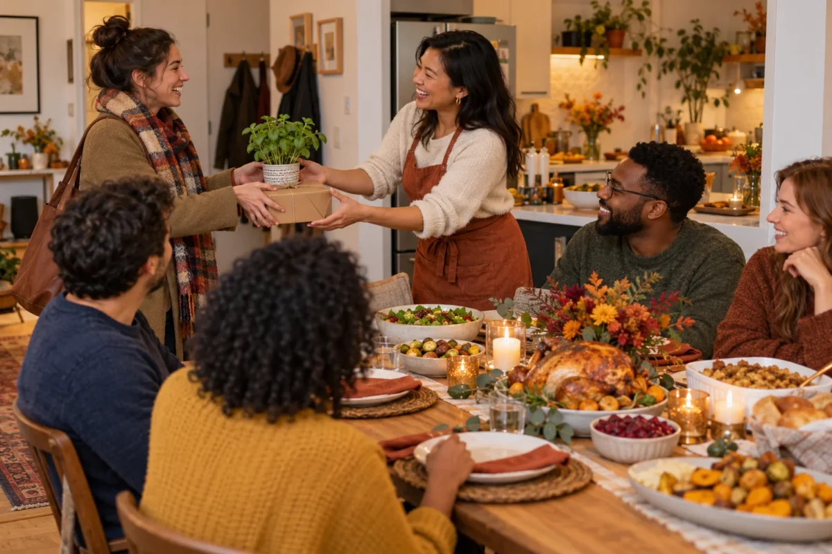 Friendsgiving guest giving the host a small herb plant and bakery box