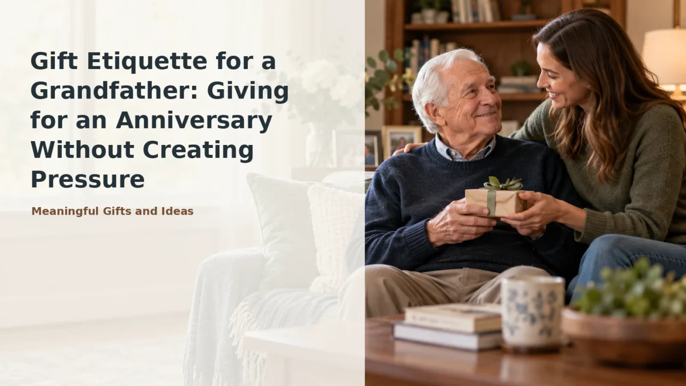 Adult granddaughter giving her grandfather a small anniversary gift in a quiet family moment