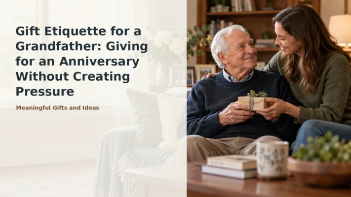 Adult granddaughter giving her grandfather a small anniversary gift in a quiet family moment