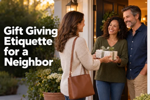 A neighbor giving an anniversary present to a married couple at their front door