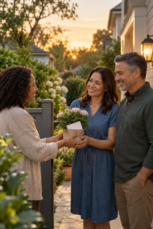 A neighbor giving a small potted plant and card to a couple for their anniversary