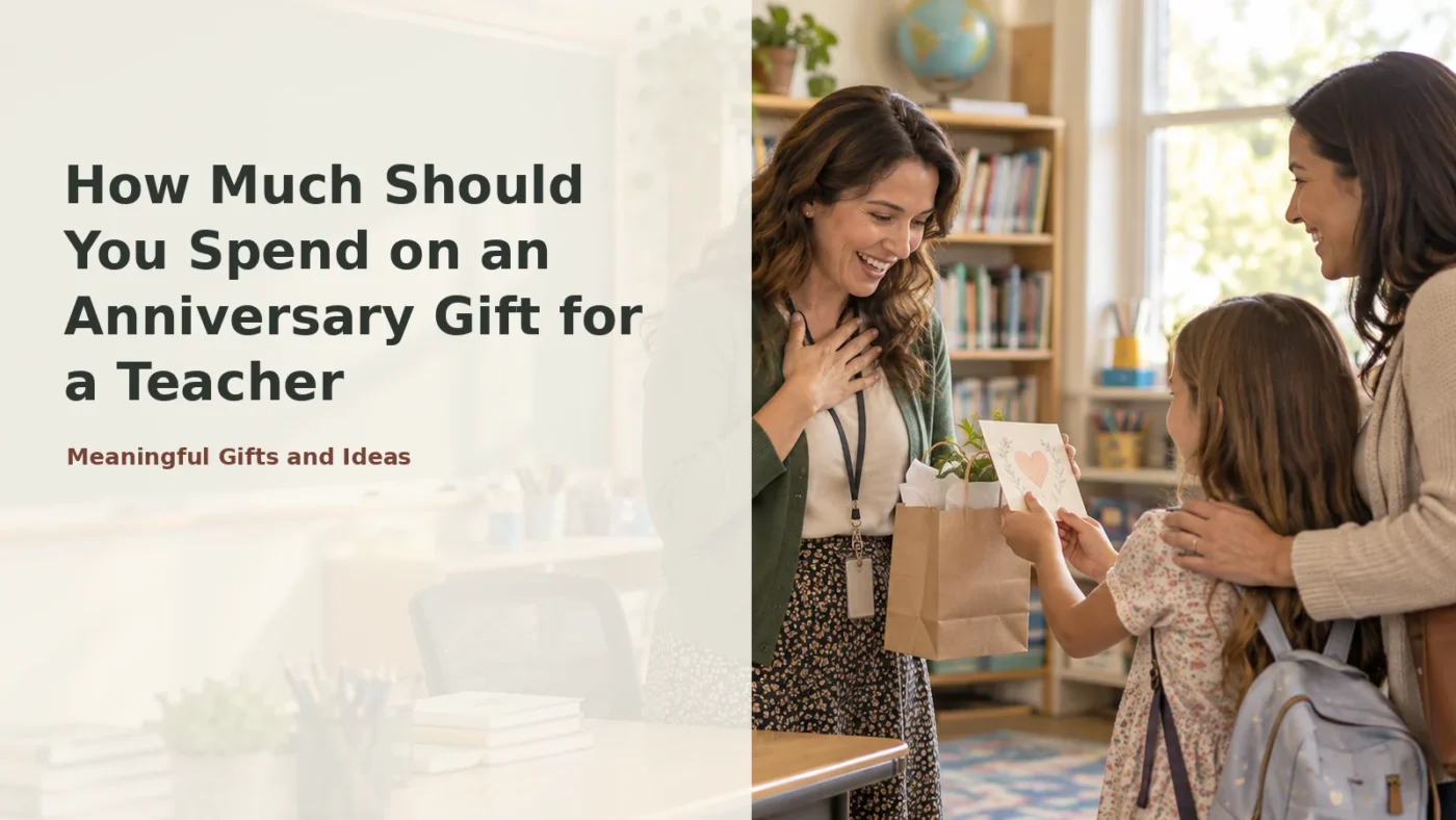 Student and parent giving a modest anniversary appreciation gift to a teacher