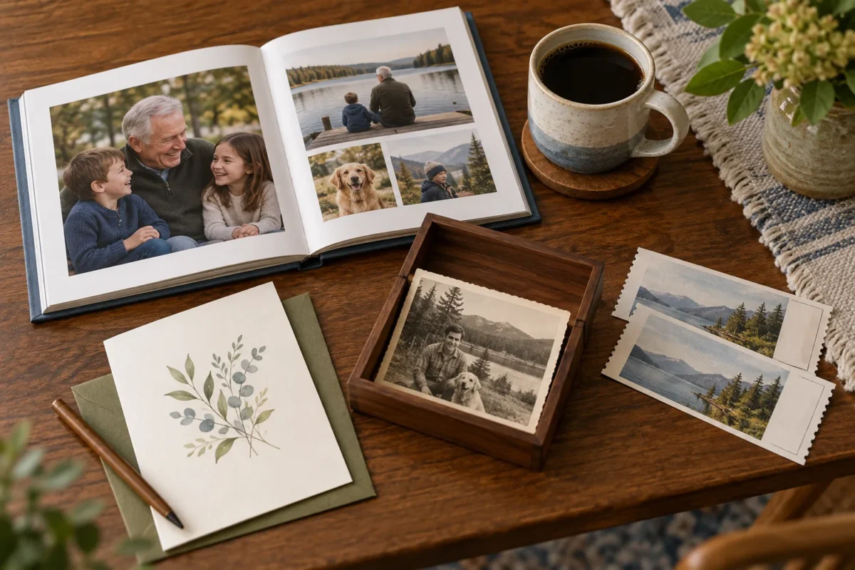 Low-pressure anniversary gifts for a grandfather including a photo book, card, restored photograph, coffee, and outing tickets