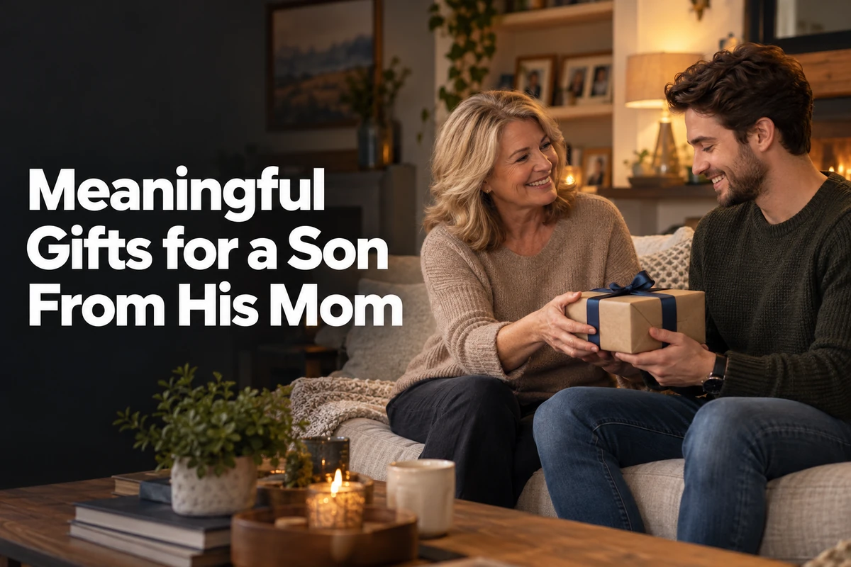 A mother giving a meaningful wrapped gift to her adult son in a warm living room