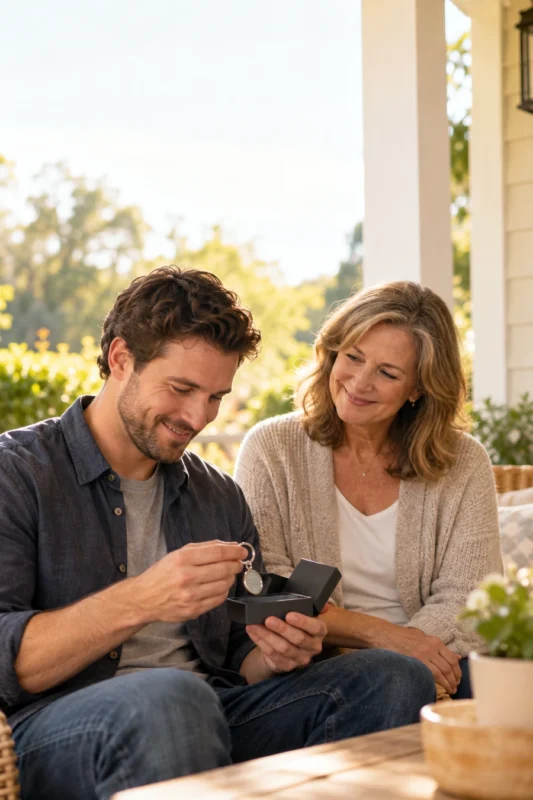 An adult son opening a small meaningful gift beside his mother