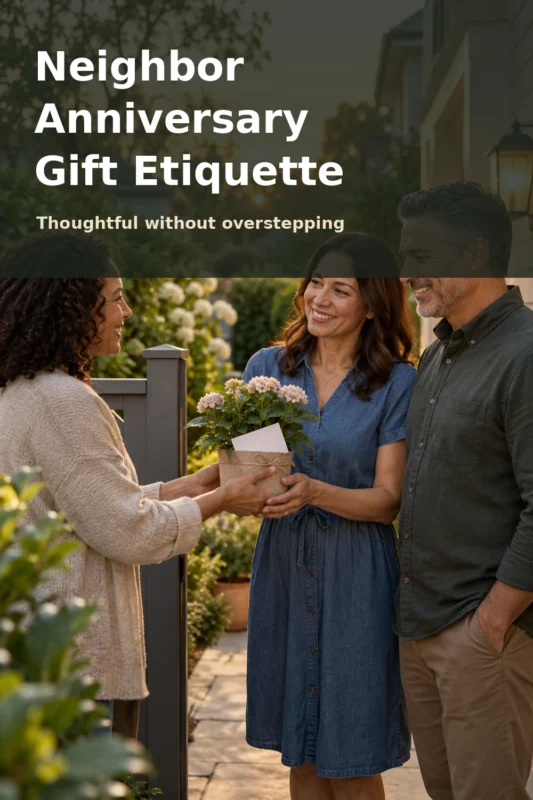 Neighbor anniversary gift etiquette with a thoughtful doorstep gift exchange