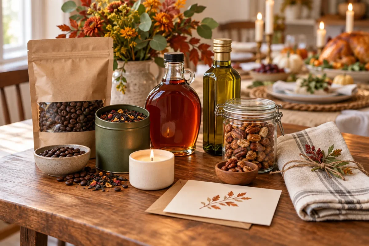 Non-alcoholic Thanksgiving host gifts including coffee, tea, maple syrup, olive oil, nuts, candle, and kitchen towel