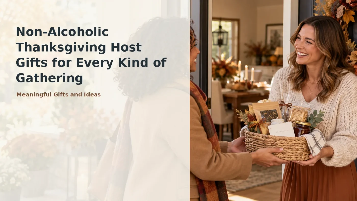 Guest giving a non-alcoholic Thanksgiving host gift basket at the front door