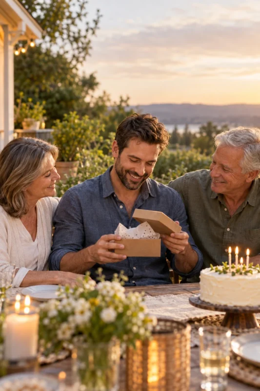 An adult son opening a birthday gift while celebrating with his parents