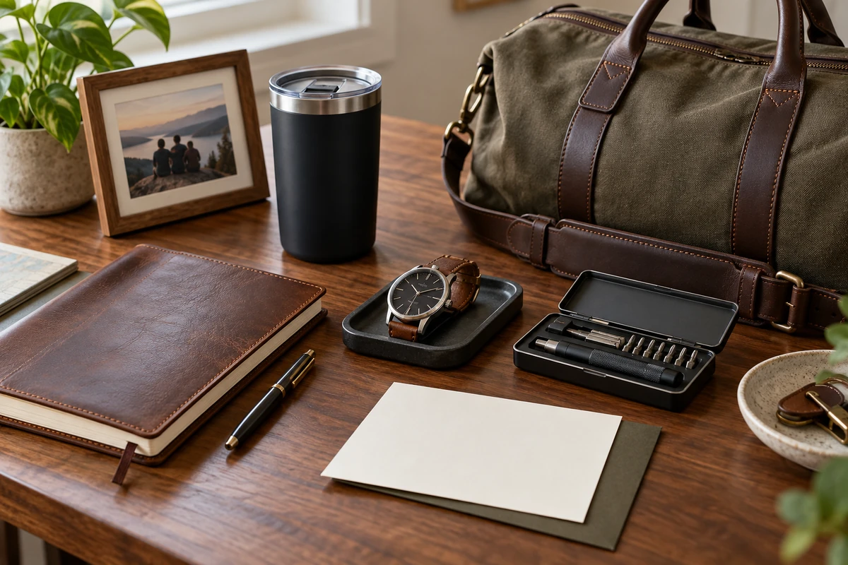Practical and personal gift ideas for an adult son including a notebook, watch, tool kit, travel mug, and weekender bag