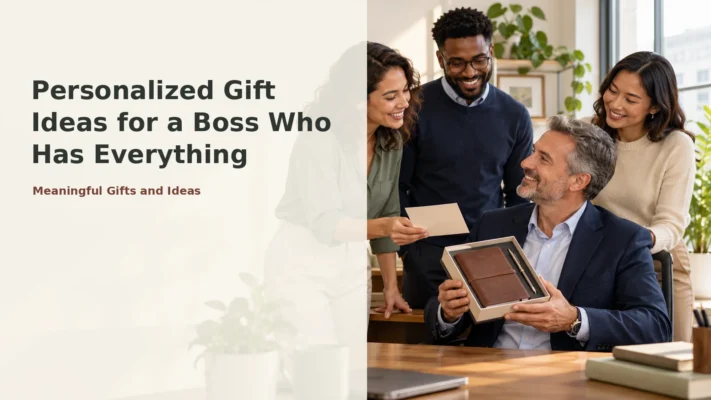 Office team giving a personalized notebook and appreciation card to their boss