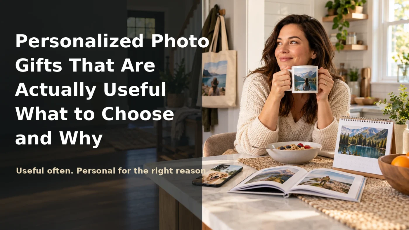Personalized photo gifts including a mug, calendar, phone case, tote, and photo book used in daily life