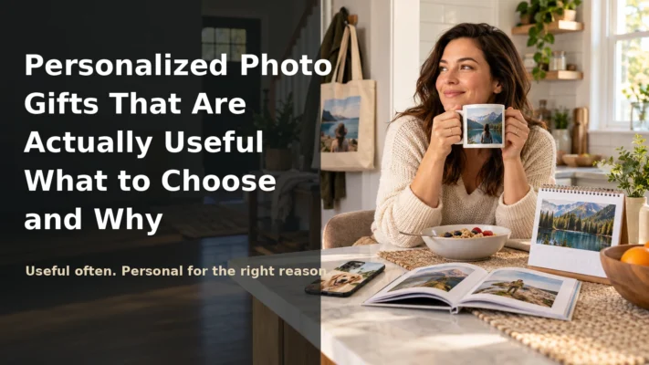 Personalized photo gifts including a mug, calendar, phone case, tote, and photo book used in daily life