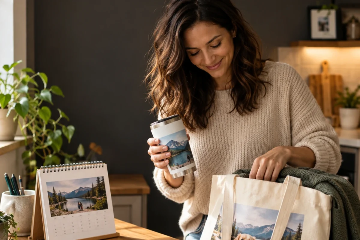 A recipient using a personalized tumbler, calendar, tote, and photo book in an everyday routine
