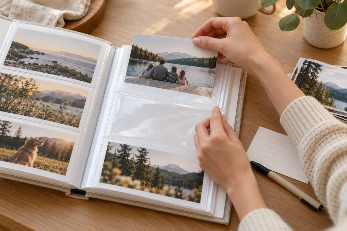 Hands adding a printed photograph to a refillable photo album