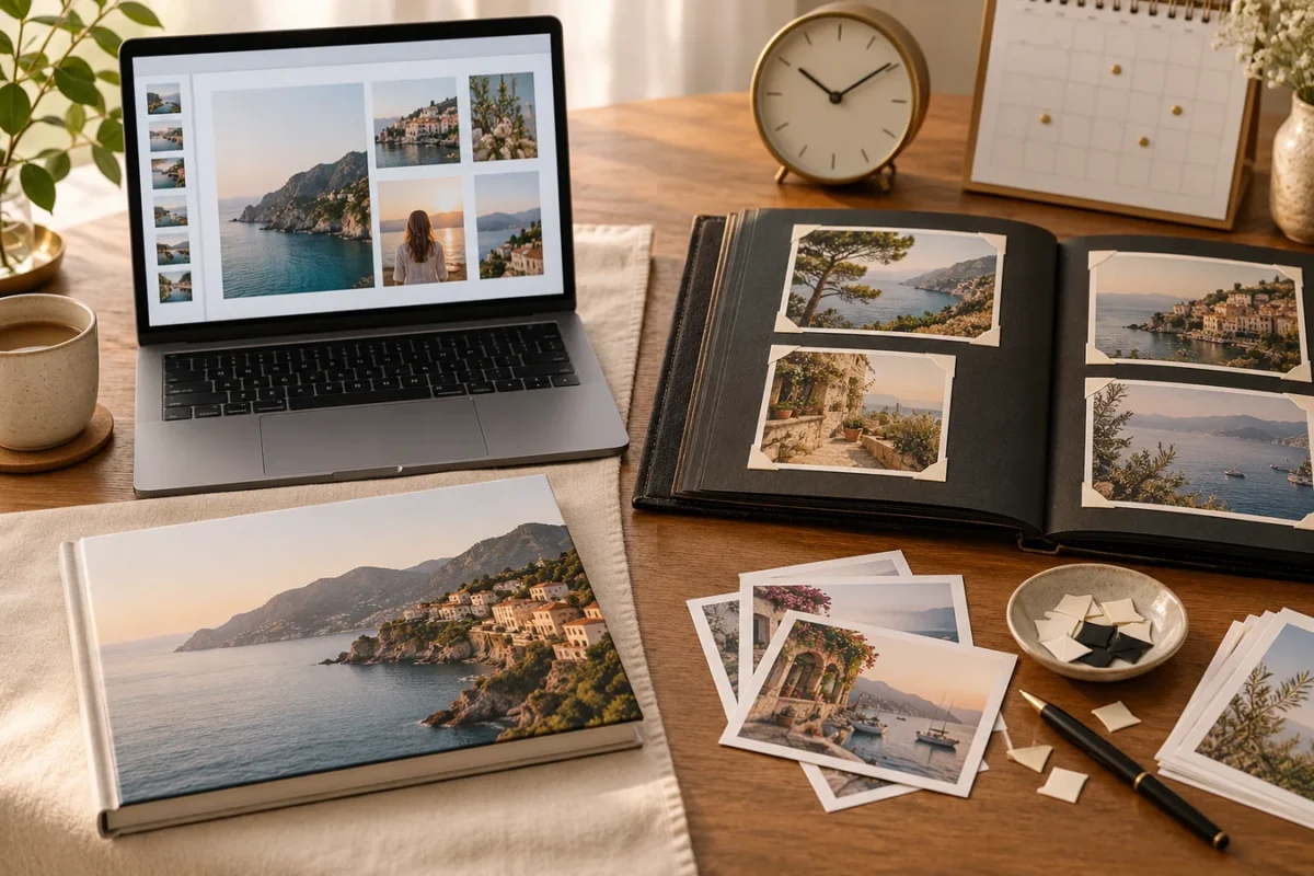 Photo book design and photo album assembly compared on a desk