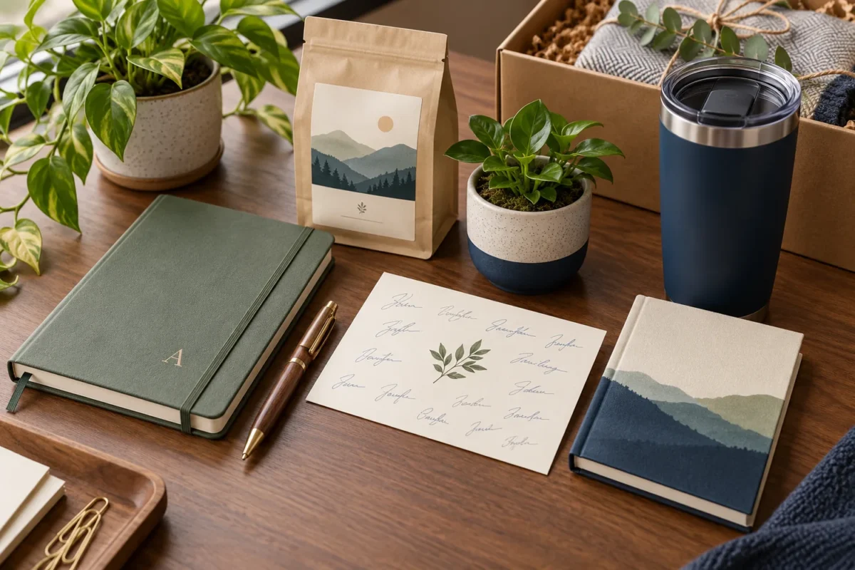 Professional personalized gift ideas for a boss including notebook, pen, coffee, plant, tumbler, book, and team card
