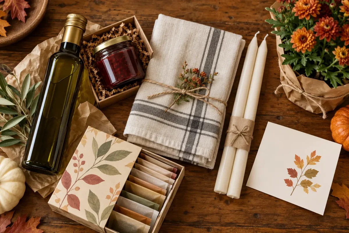 Safe Thanksgiving host gifts including olive oil, preserves, tea, linen towel, candles, and a small plant