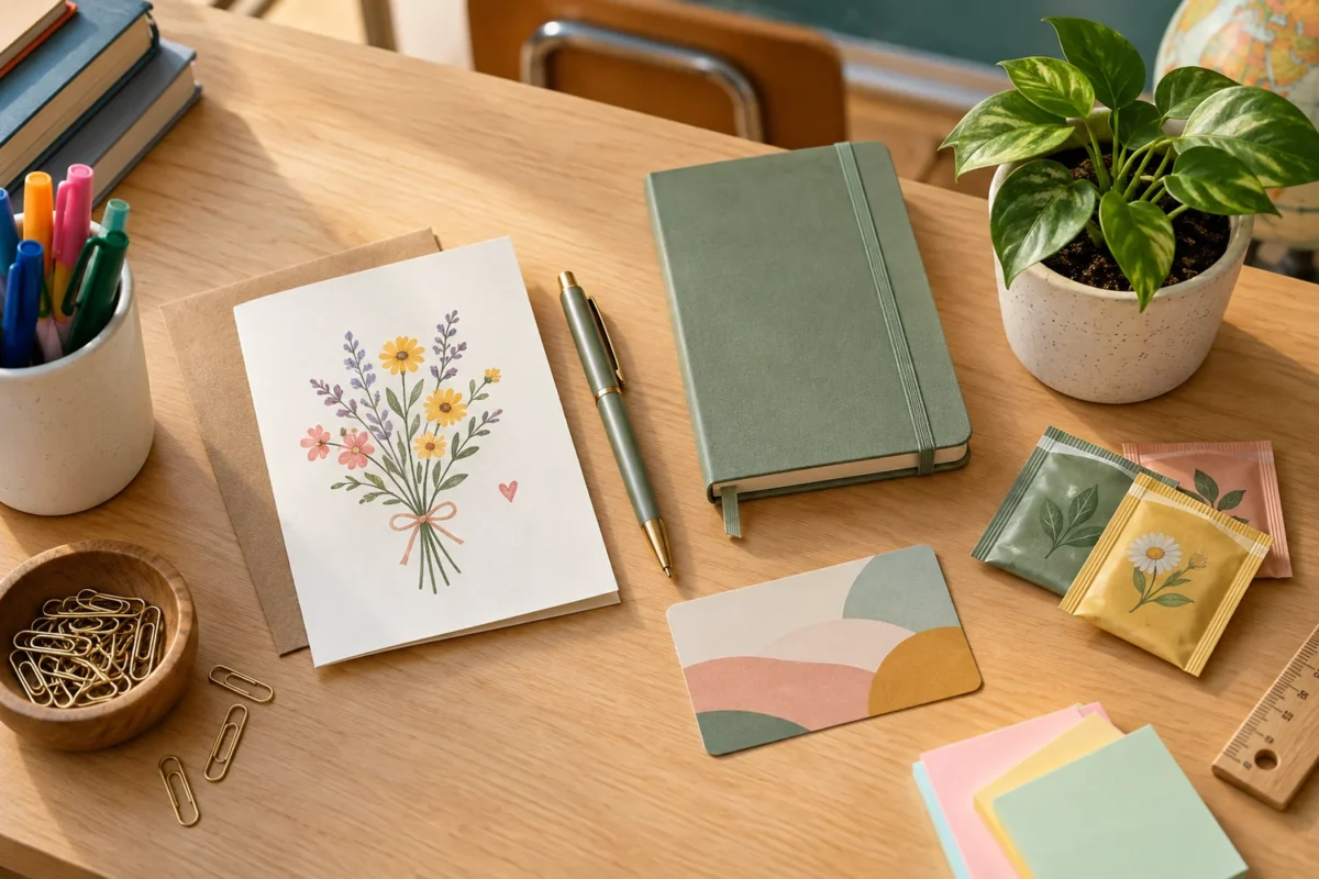 Teacher anniversary gift ideas including a card, pen, notebook, tea, plant, and classroom supplies