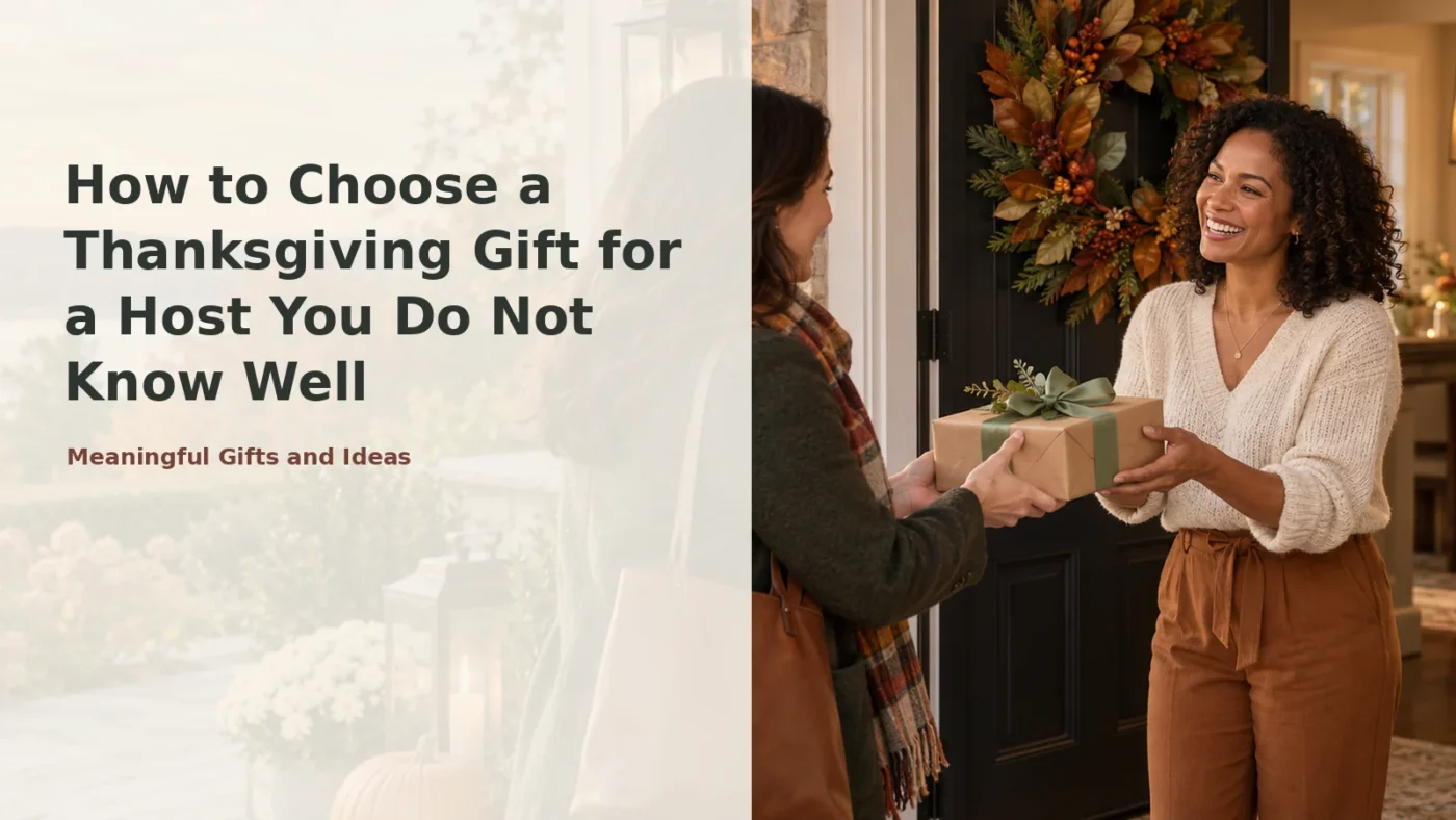 Guest giving a modest wrapped Thanksgiving gift to a host she does not know well