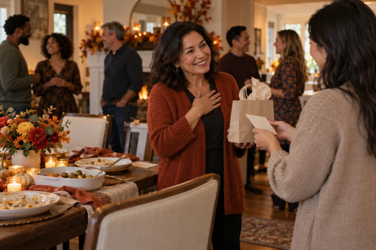 Guest giving a small gift bag and thank you card to a Thanksgiving host