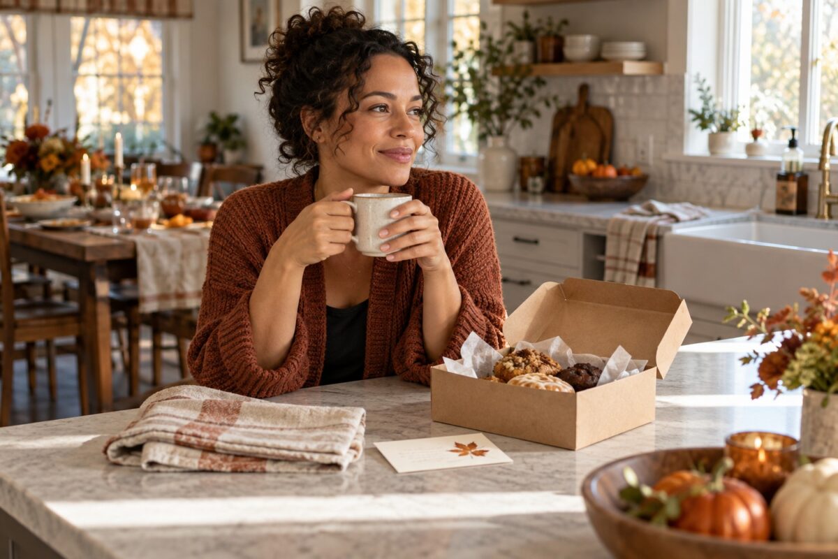 Thanksgiving host enjoying coffee and bakery treats from a recovery gift the next morning
