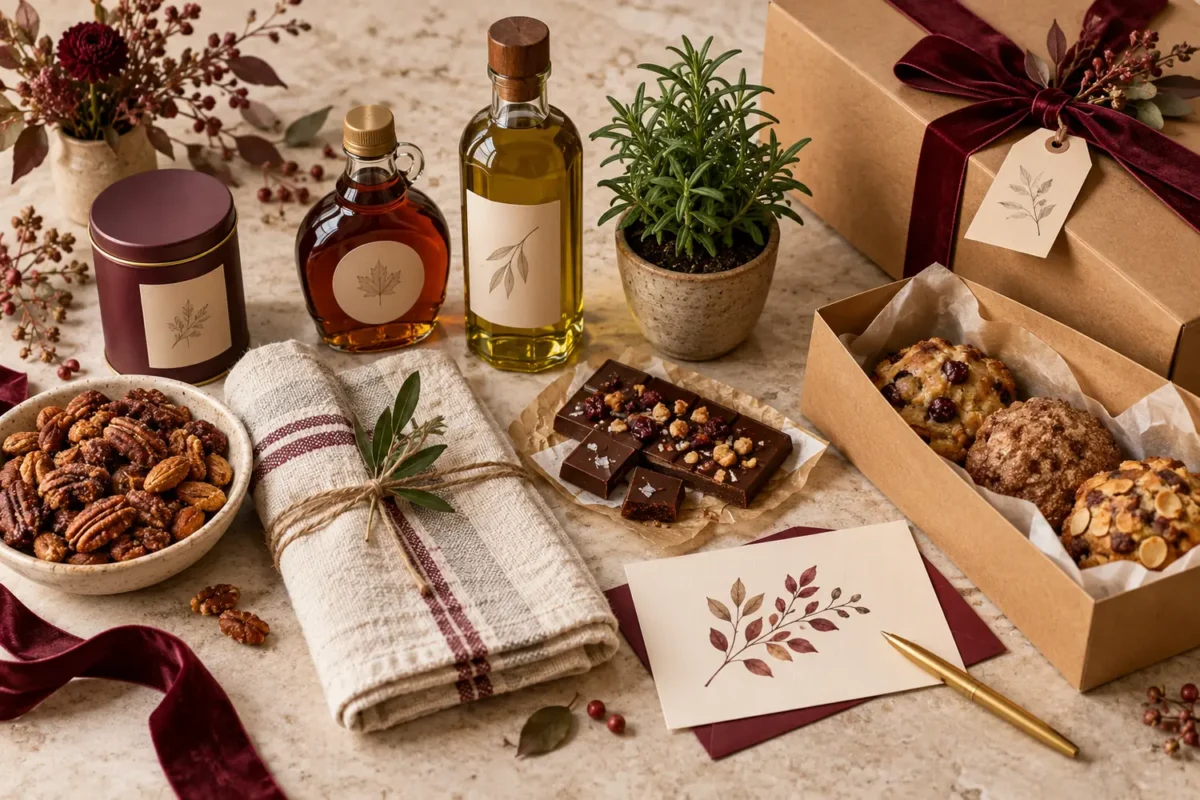 Thoughtful Thanksgiving gifts under $30 including maple syrup, olive oil, tea, nuts, linen towel, herb, bakery treats, and a card