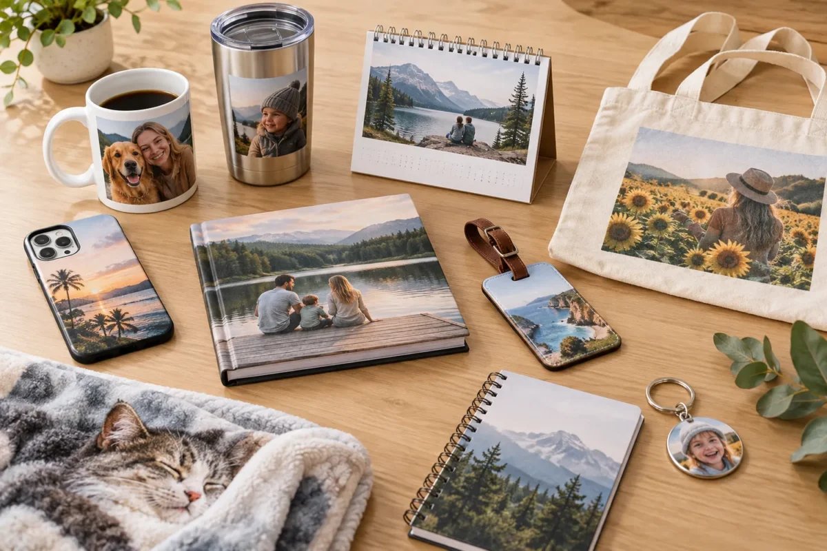 Comparison of useful personalized photo gifts including a tumbler, calendar, tote, phone case, photo book, notebook, luggage tag, and keychain